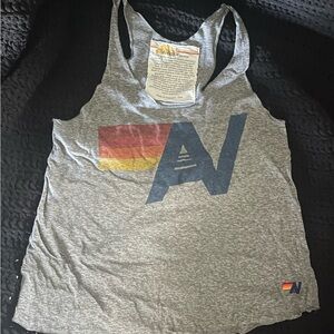 Aviator Nation Gray Tank with Navy Logo and Red-Orange-Yellow Stripe